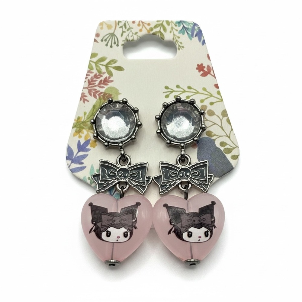 Sanrio Kuromi Heart Bow Drop Dangle Earrings Rhinestone Gothic Kawaii Y2K